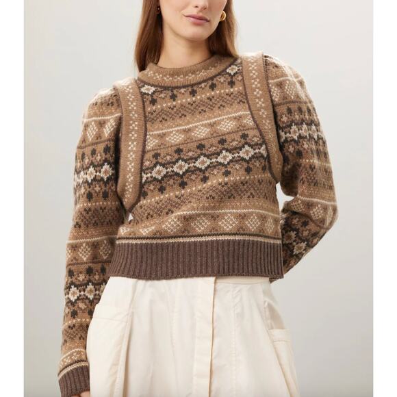 SEA New York Brown Fair Isle Sweater MEDIUM Wool Cottage Puff Sleeves Retro $400 - Picture 1 of 10